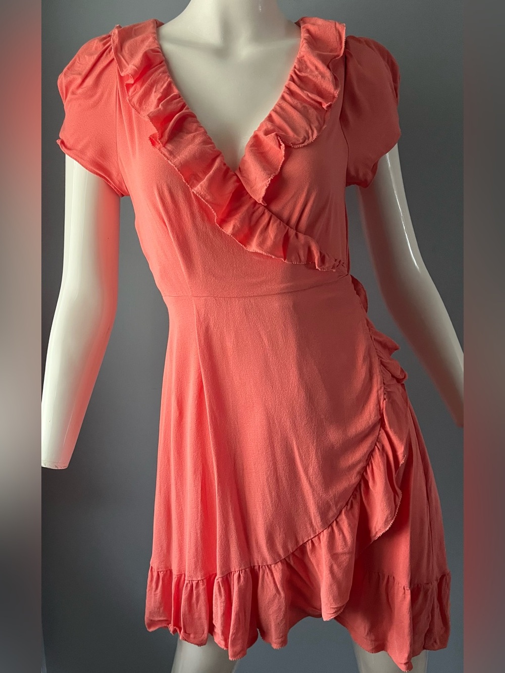 Sunday Best Coral Savoy Ruffle Hem Wrap Aritzia Mini Dress Size S